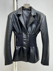 Faux Leather Elastic Waist Blazer