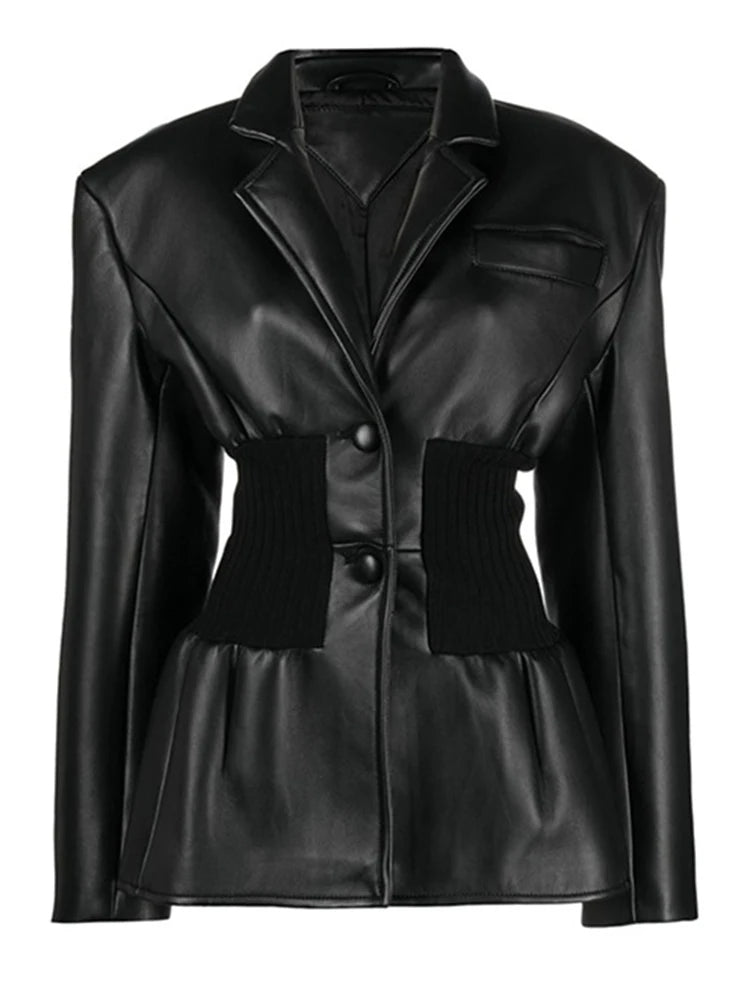 Faux Leather Elastic Waist Blazer