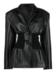 Faux Leather Elastic Waist Blazer