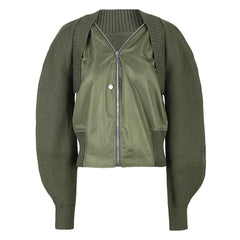 V-Neck Zipper Jacket: Spliced Green Streetwear