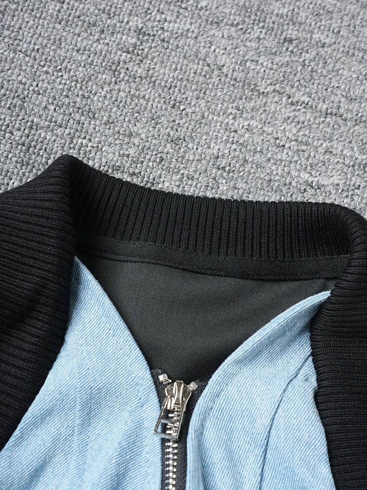 V-Neck Black Color-Block Denim Jacket