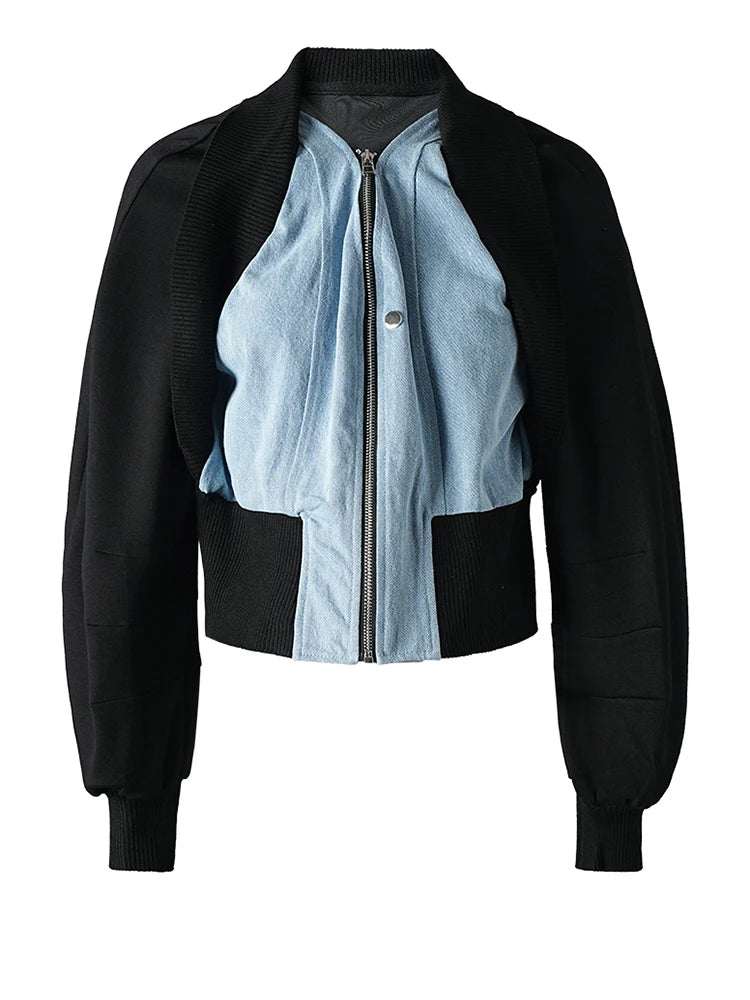 V-Neck Black Color-Block Denim Jacket