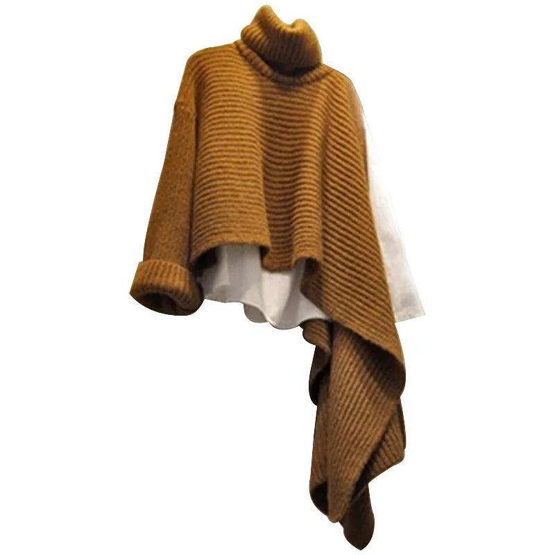 Asymmetrical Turtleneck Batwing Knit Shawl