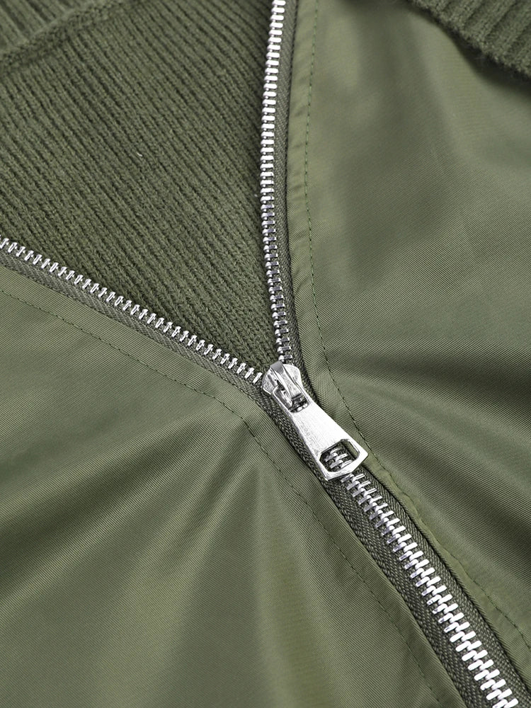 V-Neck Zipper Jacket: Spliced Green Streetwear