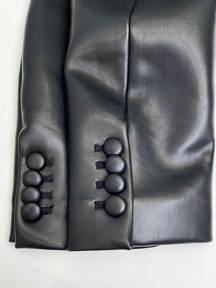 Faux Leather Elastic Waist Blazer